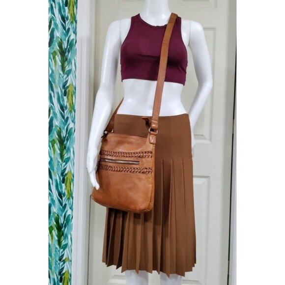 Vilenca Holland Woven Trim Adjustable Straps Leather Crossbody Bag Womens Brown - Picture 2 of 12